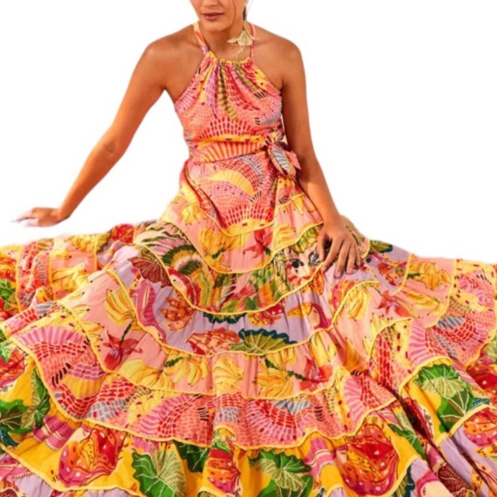 Farm Rio Mixed Pink Print Tiered Halter Tie Back Maxi Dress Small
